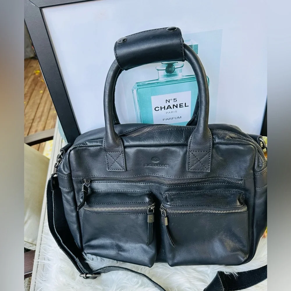 Micmacbags Black Cowhide Handmade Leather Bag with removable shoulder strap